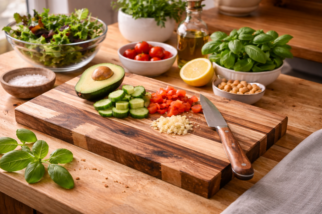 Preparing fresh vegetables on a wooden cutting board